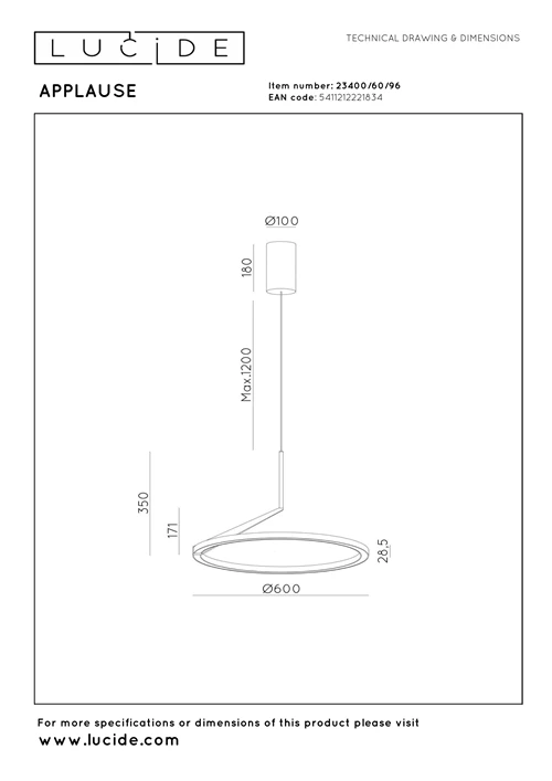 Lucide APPLAUSE - Pendant light - Ø 60 cm - LED Dim. - CCT - 1x32W 2700K/4000K - Hand Wave Sensor - Coffee | Premium - technical